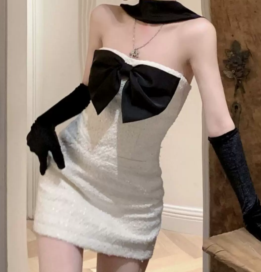 Cute Strapless Bow Mini Dress White Bodycon Short Dress C9719