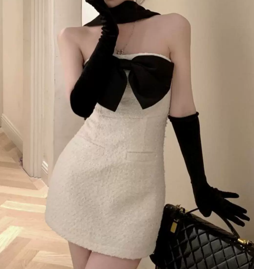 Cute Strapless Bow Mini Dress White Bodycon Short Dress C9719