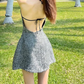 Y2K Hlater Neck Mini Dress Grey Sequins A-Line Short Dress C9720