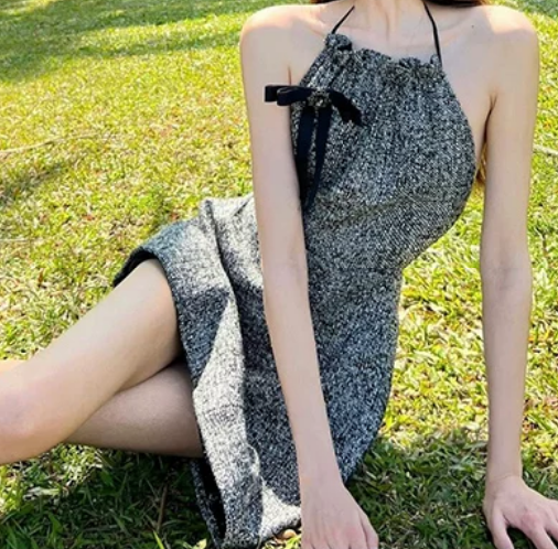 Y2K Hlater Neck Mini Dress Grey Sequins A-Line Short Dress C9720