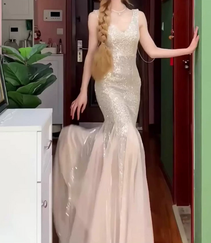 Glittering V Neck Champagne Prom Dress Sequins Mermaid Evening Dress C9721
