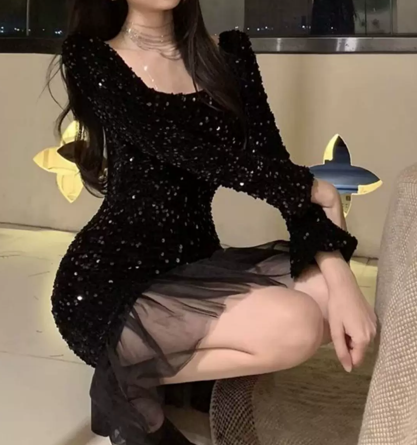 Chic Square Neck Mini Dress Sequins Long Sleeve Bodycon Short Dress C9722