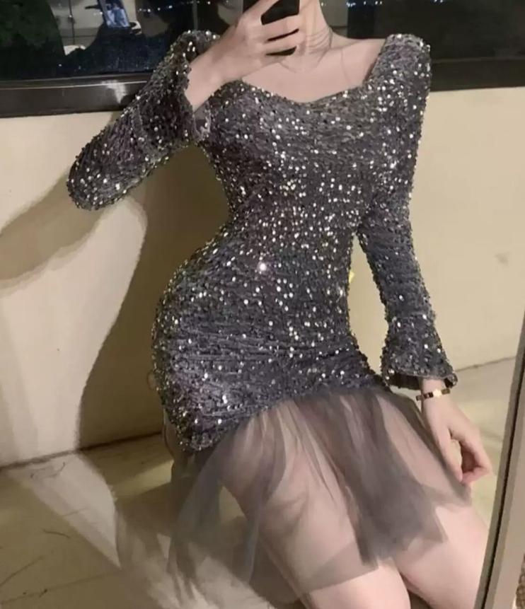 Chic Square Neck Mini Dress Sequins Long Sleeve Bodycon Short Dress C9722