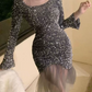 Chic Square Neck Mini Dress Sequins Long Sleeve Bodycon Short Dress C9722