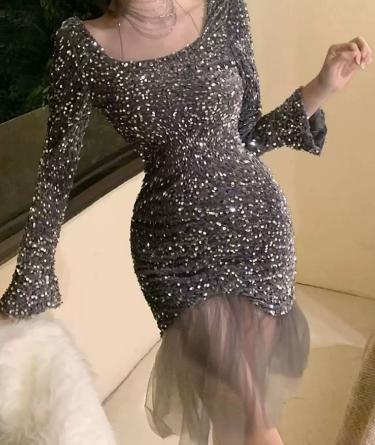 Chic Square Neck Mini Dress Sequins Long Sleeve Bodycon Short Dress C9722