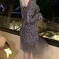 Chic Square Neck Mini Dress Sequins Long Sleeve Bodycon Short Dress C9722