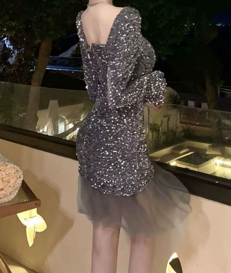 Chic Square Neck Mini Dress Sequins Long Sleeve Bodycon Short Dress C9722