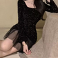 Chic Square Neck Mini Dress Sequins Long Sleeve Bodycon Short Dress C9722