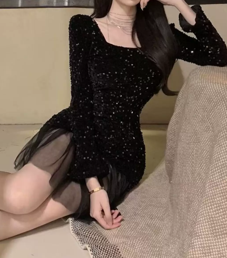 Chic Square Neck Mini Dress Sequins Long Sleeve Bodycon Short Dress C9722