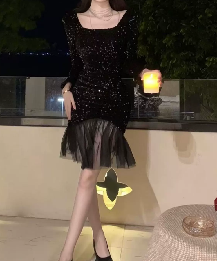 Chic Square Neck Mini Dress Sequins Long Sleeve Bodycon Short Dress C9722