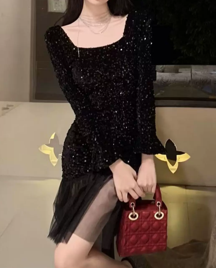 Chic Square Neck Mini Dress Sequins Long Sleeve Bodycon Short Dress C9722