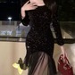 Chic Square Neck Mini Dress Sequins Long Sleeve Bodycon Short Dress C9722