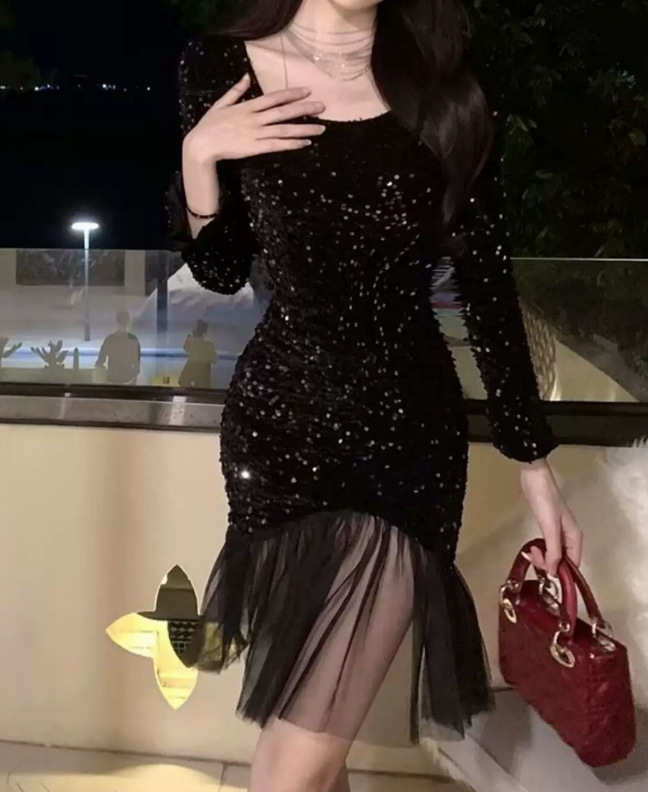 Chic Square Neck Mini Dress Sequins Long Sleeve Bodycon Short Dress C9722