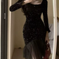 Chic Square Neck Mini Dress Sequins Long Sleeve Bodycon Short Dress C9722