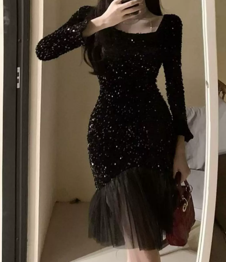 Chic Square Neck Mini Dress Sequins Long Sleeve Bodycon Short Dress C9722