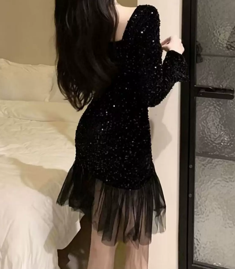 Chic Square Neck Mini Dress Sequins Long Sleeve Bodycon Short Dress C9722