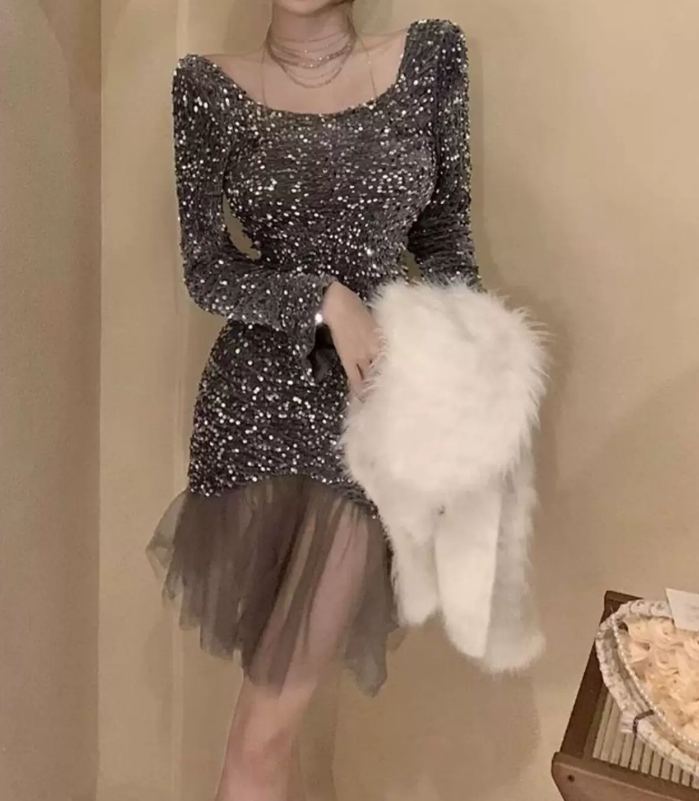 Chic Square Neck Mini Dress Sequins Long Sleeve Bodycon Short Dress C9722