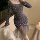Chic Square Neck Mini Dress Sequins Long Sleeve Bodycon Short Dress C9722