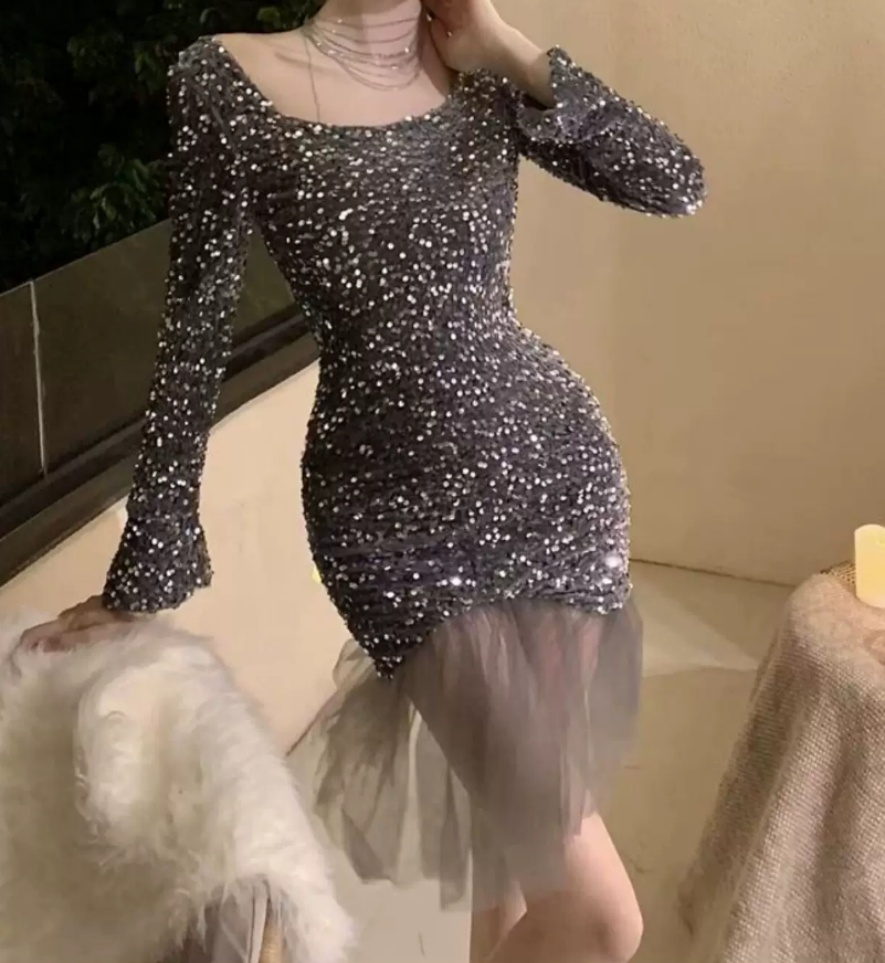 Chic Square Neck Mini Dress Sequins Long Sleeve Bodycon Short Dress C9722