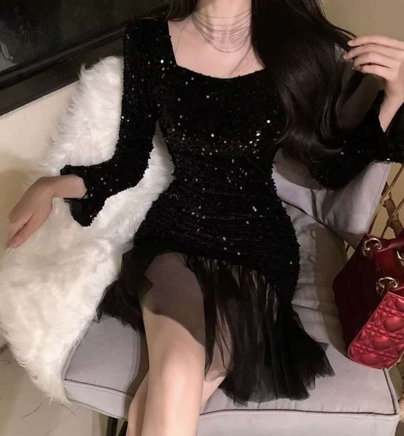 Chic Square Neck Mini Dress Sequins Long Sleeve Bodycon Short Dress C9722