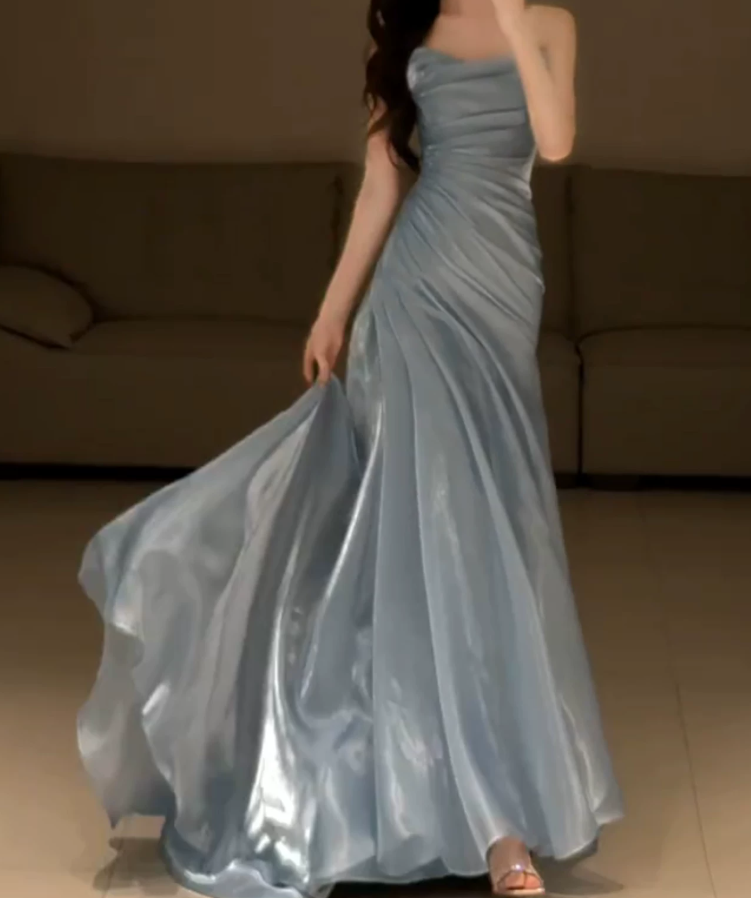 Elegant Strapless Blue Prom Dress Satin Mermaid Evening Dress C9725