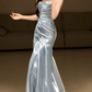 Elegant Strapless Blue Prom Dress Satin Mermaid Evening Dress C9725