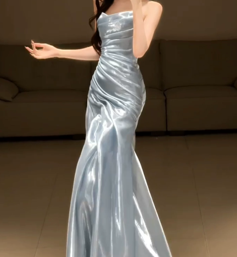 Elegant Strapless Blue Prom Dress Satin Mermaid Evening Dress C9725