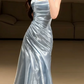 Elegant Strapless Blue Prom Dress Satin Mermaid Evening Dress C9725