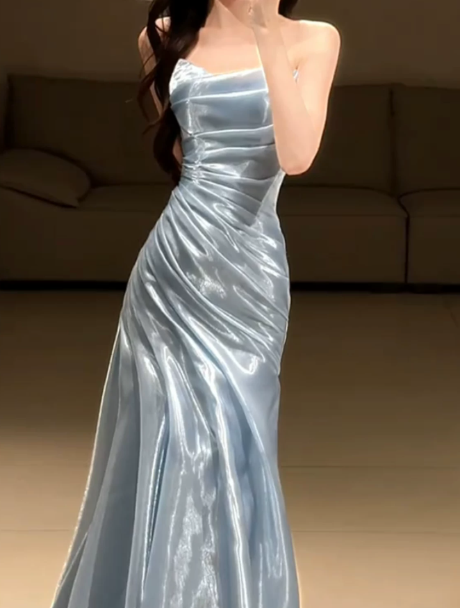 Elegant Strapless Blue Prom Dress Satin Mermaid Evening Dress C9725