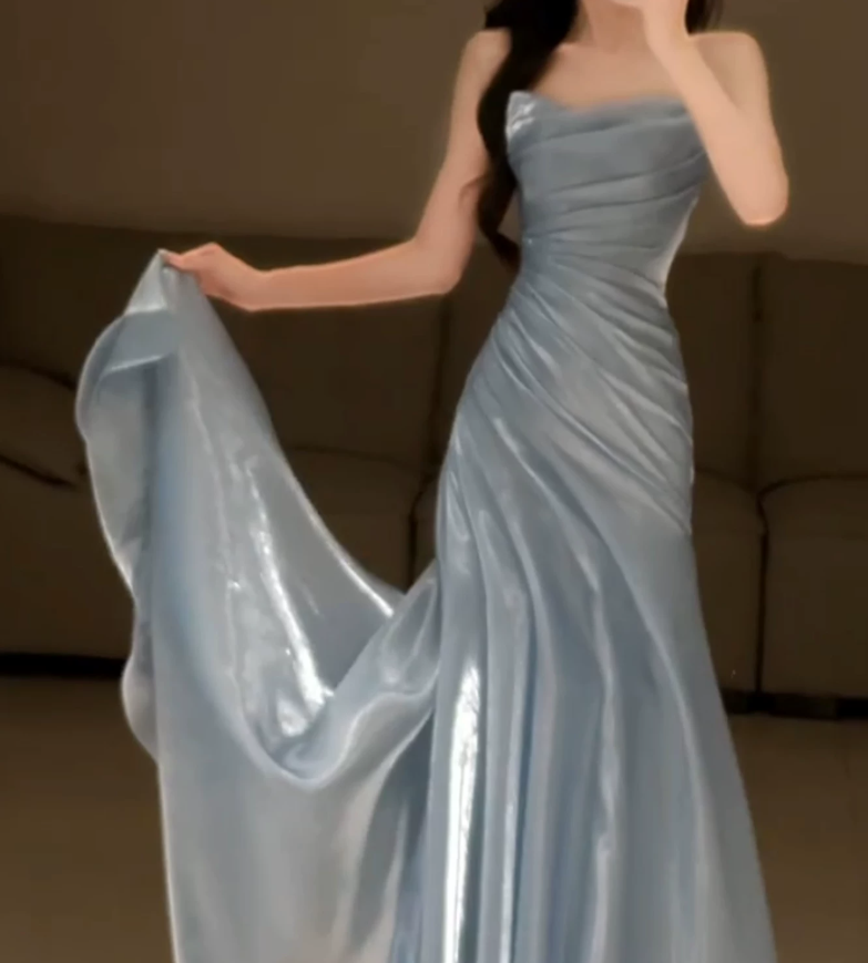 Elegant Strapless Blue Prom Dress Satin Mermaid Evening Dress C9725