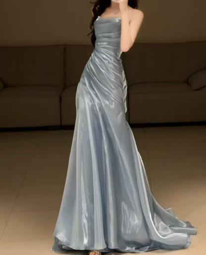Elegant Strapless Blue Prom Dress Satin Mermaid Evening Dress C9725