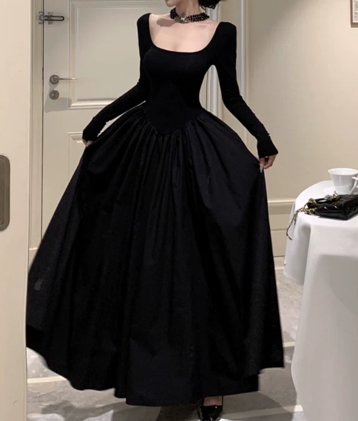 Classical Square Neck Black Prom Dress Long Sleeve A-Line Evening Dress C9726