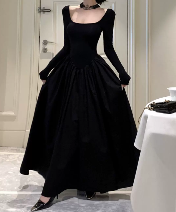 Classical Square Neck Black Prom Dress Long Sleeve A-Line Evening Dress C9726