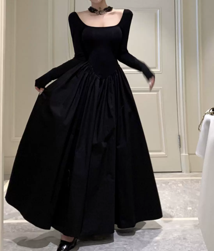 Classical Square Neck Black Prom Dress Long Sleeve A-Line Evening Dress C9726