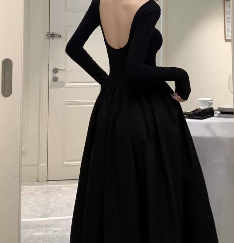 Classical Square Neck Black Prom Dress Long Sleeve A-Line Evening Dress C9726