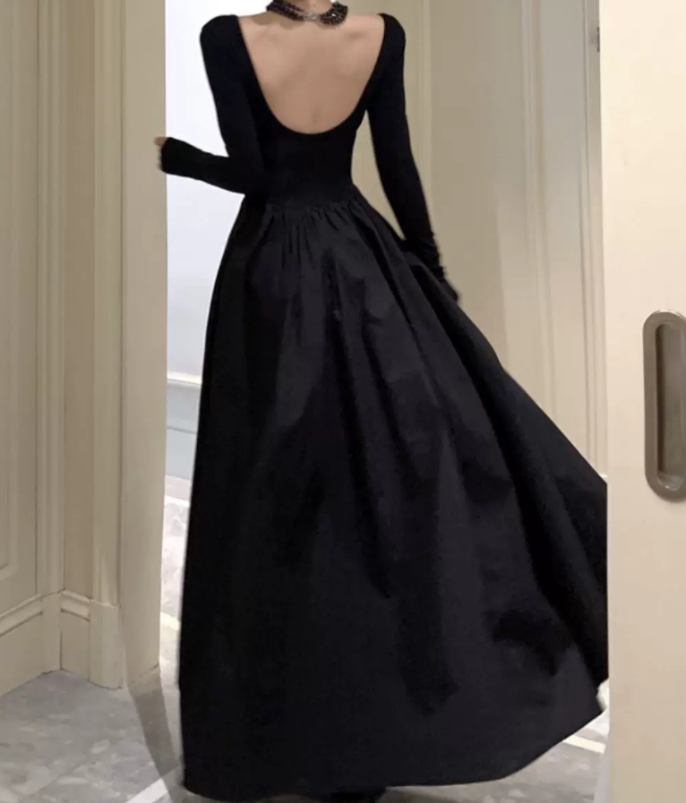 Classical Square Neck Black Prom Dress Long Sleeve A-Line Evening Dress C9726