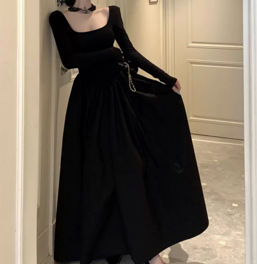 Classical Square Neck Black Prom Dress Long Sleeve A-Line Evening Dress C9726