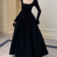 Classical Square Neck Black Prom Dress Long Sleeve A-Line Evening Dress C9726