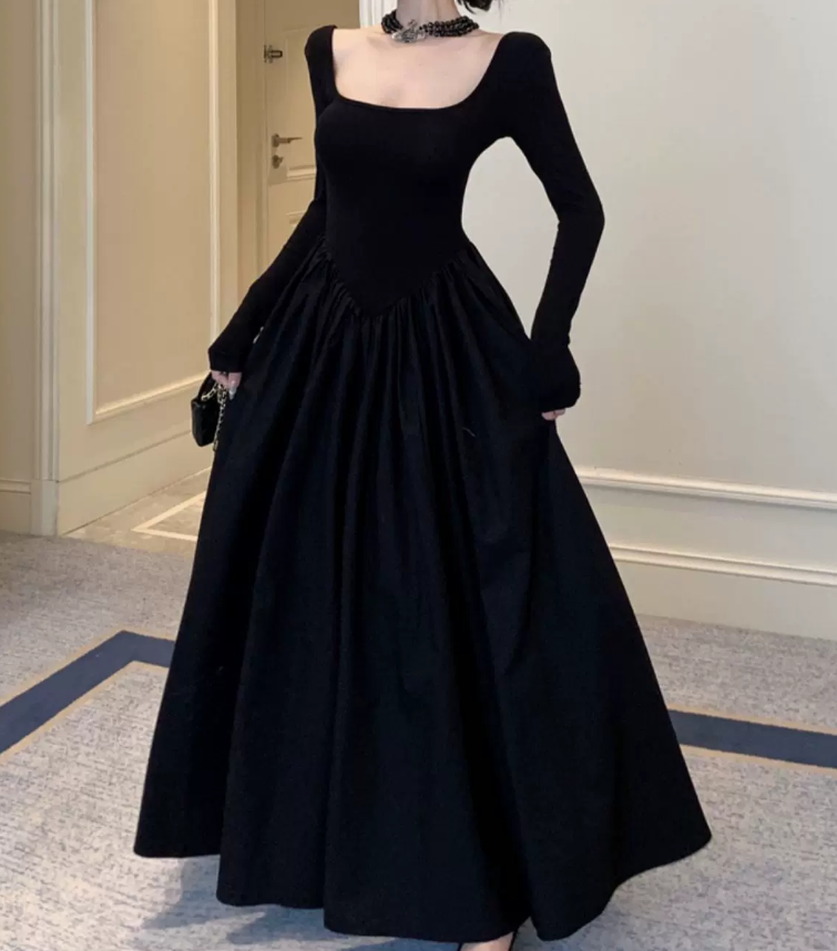 Classical Square Neck Black Prom Dress Long Sleeve A-Line Evening Dress C9726