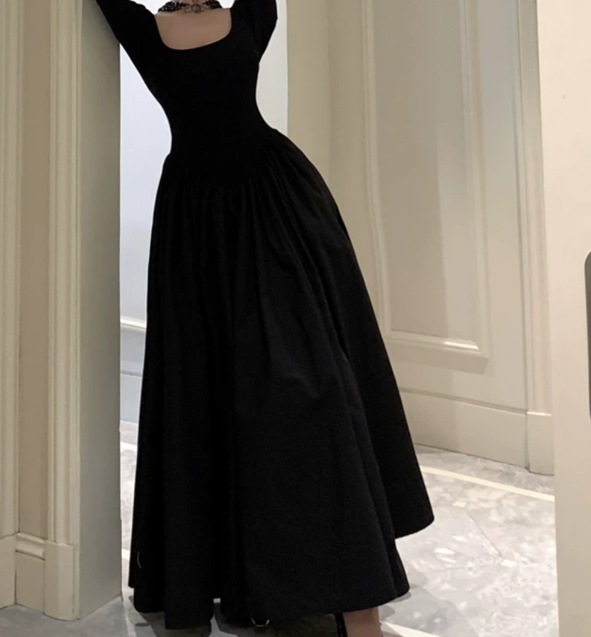 Classical Square Neck Black Prom Dress Long Sleeve A-Line Evening Dress C9726
