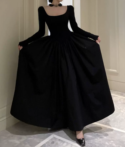 Classical Square Neck Black Prom Dress Long Sleeve A-Line Evening Dress C9726
