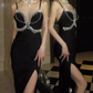 Modern Spaghetti Straps Slit Prom Dress Black Beaded Sheath Evening Dress C9728