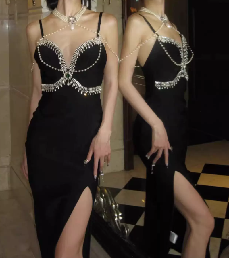 Modern Spaghetti Straps Slit Prom Dress Black Beaded Sheath Evening Dress C9728