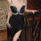 Modern Spaghetti Straps Slit Prom Dress Black Beaded Sheath Evening Dress C9728