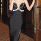 Modern Spaghetti Straps Slit Prom Dress Black Beaded Sheath Evening Dress C9728