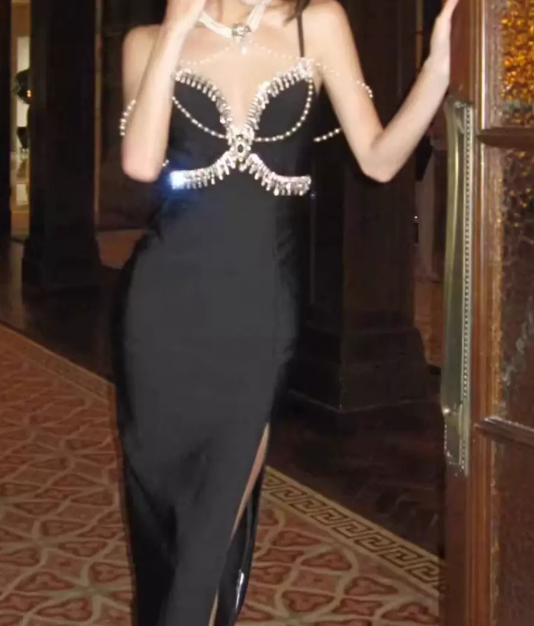 Modern Spaghetti Straps Slit Prom Dress Black Beaded Sheath Evening Dress C9728