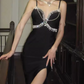 Modern Spaghetti Straps Slit Prom Dress Black Beaded Sheath Evening Dress C9728