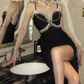Modern Spaghetti Straps Slit Prom Dress Black Beaded Sheath Evening Dress C9728