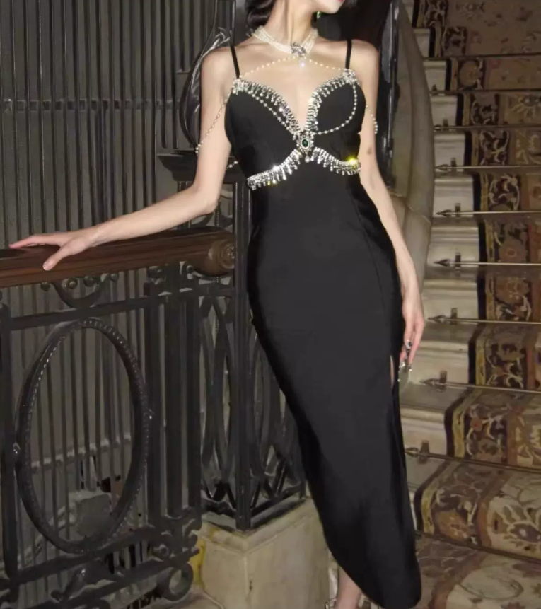 Modern Spaghetti Straps Slit Prom Dress Black Beaded Sheath Evening Dress C9728