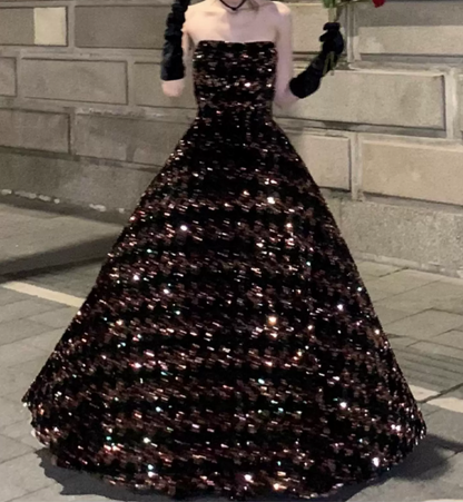 Gorgeous Strapless Prom Dress Black Sequins A-Line Evening Dress C9730